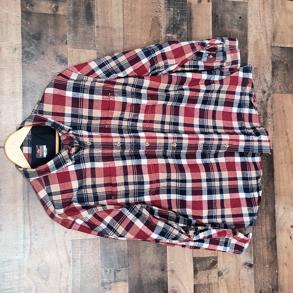 Ridgecut Tough Plaid Wear Red Blue Beige Long Sleeve Heavy Weight Flannel Sz XL